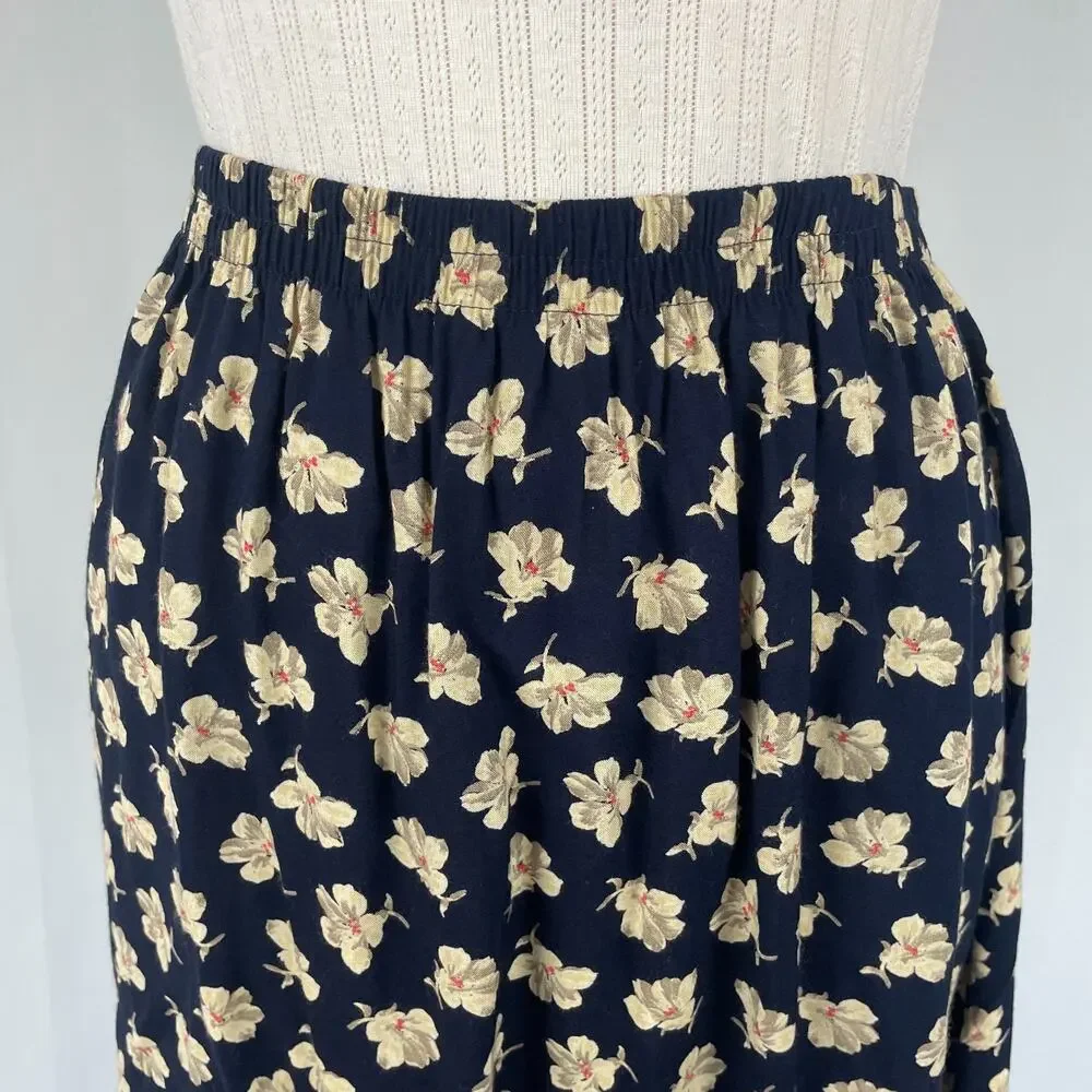 Vtg 90s Midi Skirt Size 12 Navy Blue Ditsy Floral A Line Cottage Boho Casual